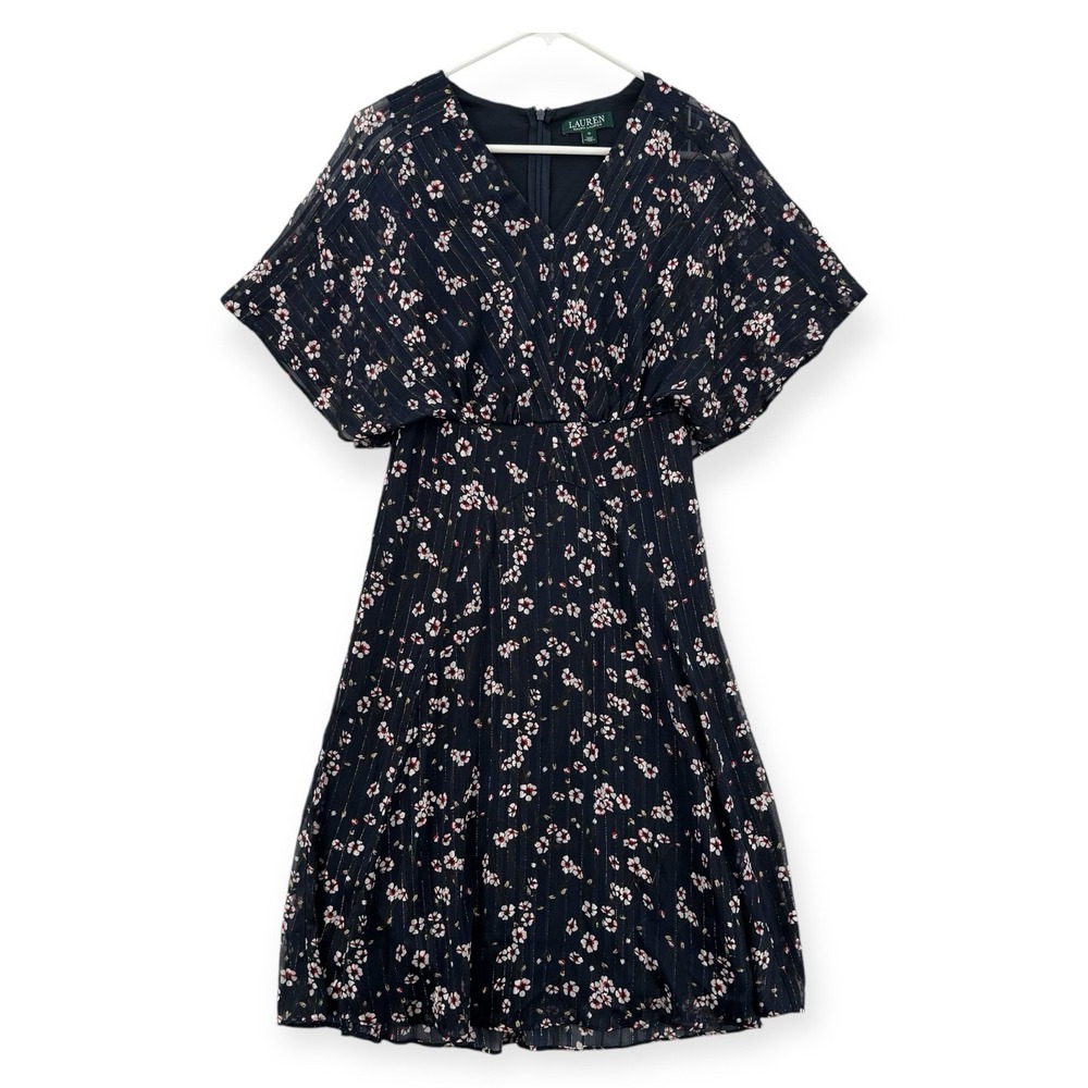 Lauren Ralph Lauren Floral Dress Womens 0 Navy Metallic Striped Sheer Sleeve